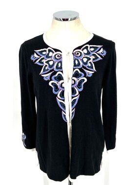 Bob Mackie Wearable Art Cardigan Sz S Sweater Black Embroidered Cut Out